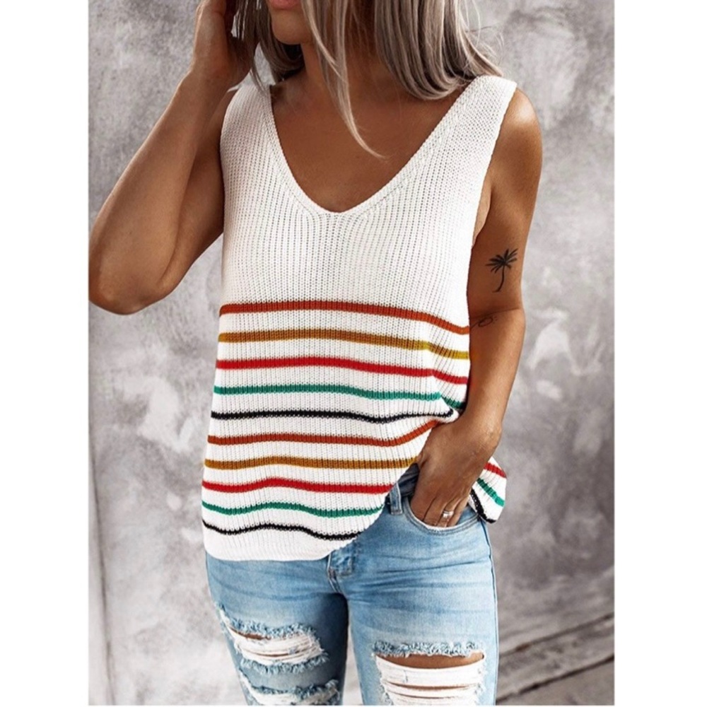 Medium White Striped Sleeveless Blouse